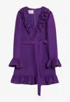 Valentino Garavani Purple Short Dress With V-neck And Ruffles In Virgin Wool And Silk Blend Woman In Purple