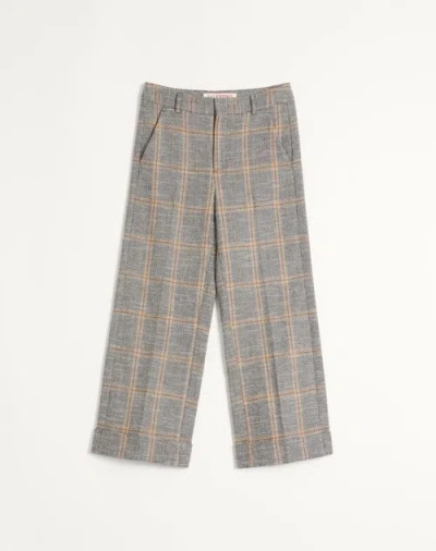 Valentino Wool Blend Trousers With Turn-up With Check Pattern In Grey