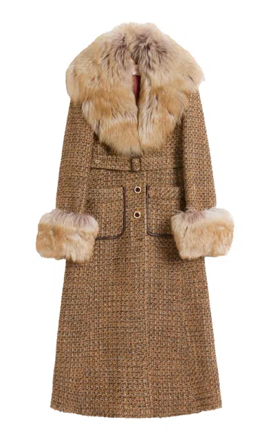Valentino Faux Fur-trim Tweed Coat In Brown Multi