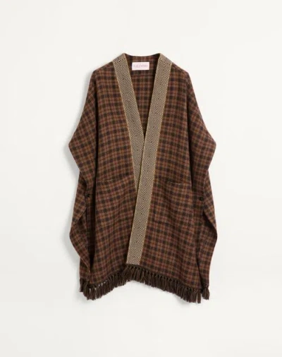 Valentino Wool Cape With Jacquard Trim And Tassels On The Hem In Brown/camel