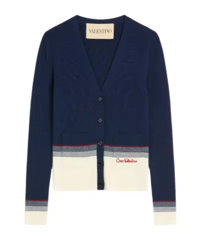 Valentino Virgin Wool Cardigan In Navy Blue/birch