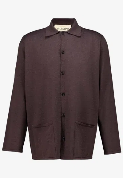 Valentino Wool Cardigan With Shirt-collar In Brown