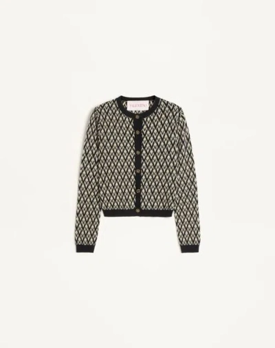 Valentino Wool Cardigan With Toute La V Jacquard Pattern Woman Cream/blue Xs In Multi
