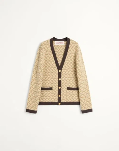 Valentino Wool Cardigan With Toute La V Pattern In Beige/brown