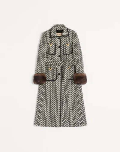 Valentino Wool Cloth Coat With Fauve Eclat Animal Print Woman Butter/black 42 In Gray