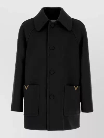 Valentino Wool Coat Collar Detail Front Pockets In Black