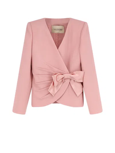 Valentino Bow-detailed Satin-trimmed Gathered Wool-crepe Jacket In Pink