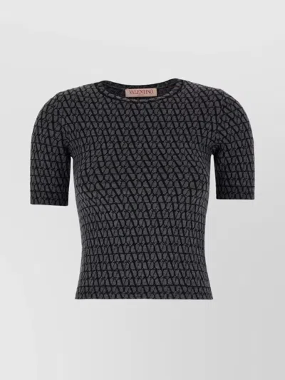 Valentino Wool Embroidered Crew Neck Top With Short Sleeves In Black