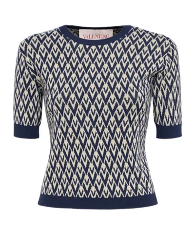 Valentino Wool Jacquard Short Sleeve Sweater In Blue