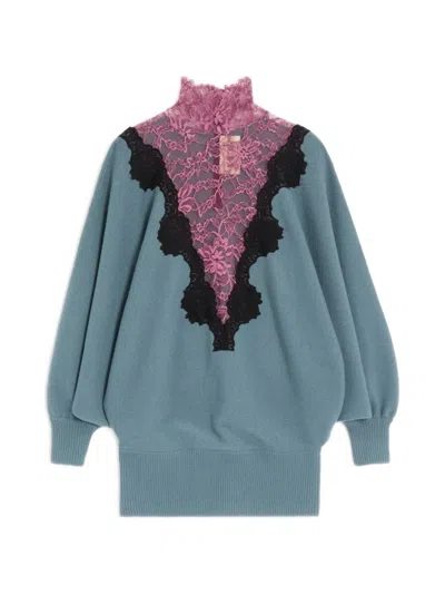 Valentino Wool-lace High-neck Sweater In Blue