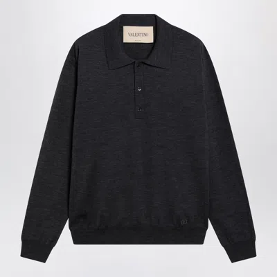 Valentino Wool Polo Shirt With Vlogo Embroidery In Anthracite In Black
