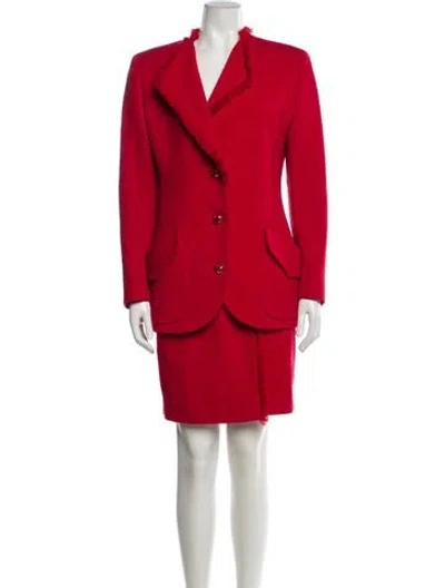 Pre-owned Valentino Wool Raw-edge Trim Skirt Suit In Red