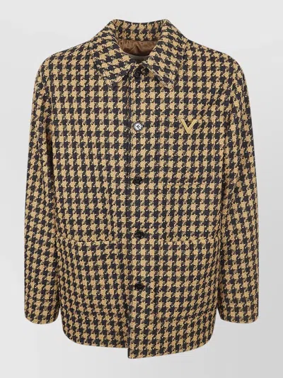 Valentino Wool Shirt Jacket Houndstooth Three Patch Pockets In Brown
