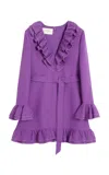 Valentino Garavani Purple Short Dress With V-neck And Ruffles In Virgin Wool And Silk Blend Woman In Purple