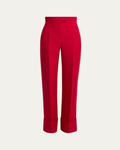 Valentino Wool-silk Straight-leg Cuffed Pants In Red