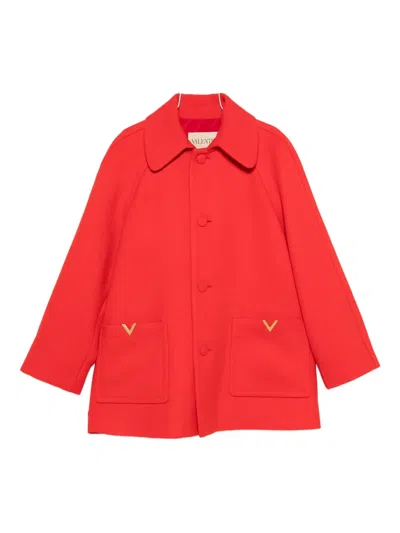 Valentino Wool Coat With Ribbed Collar And Pockets In Red