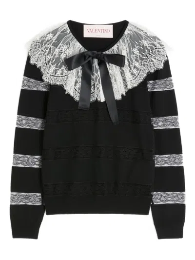 Valentino Bow-embellished Striped Lace-trimmed Wool Sweater In Black
