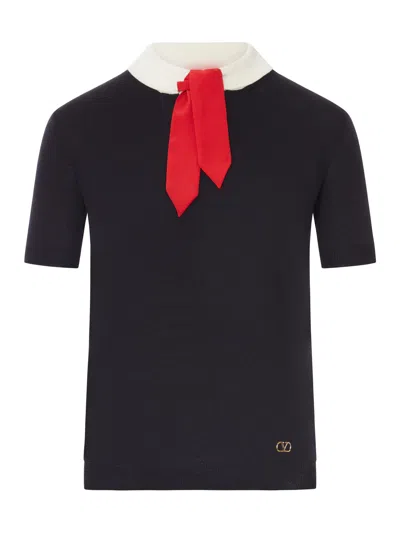 Valentino Wool Sweater With Contrast Collar And Bow In Black