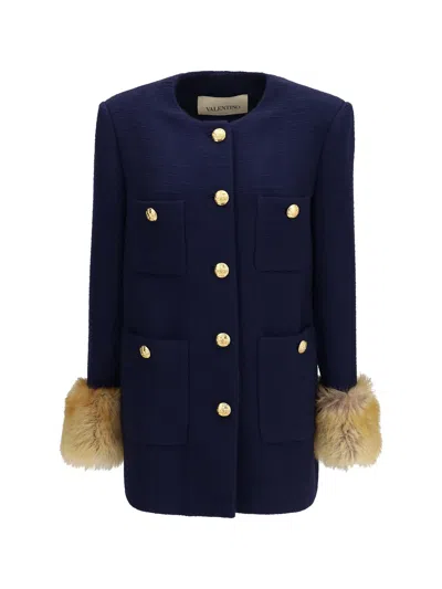 Valentino Wool Tweed With Shearling Cuffs Coat In Blue