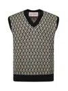 Valentino Men's Navy Virgin Wool Vest With Pattern In Navy, Cream