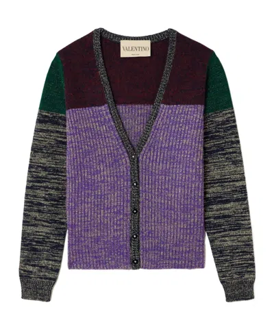 Valentino Color-block Metallic Ribbed Wool-blend Cardigan In Blue
