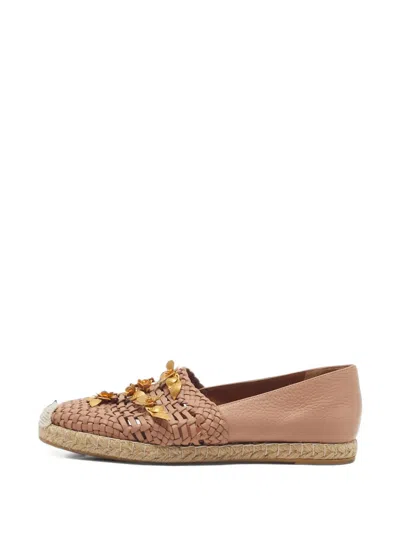 Pre-owned Valentino Garavani Woven Flower-embellished Espadrille Flats In Neutrals