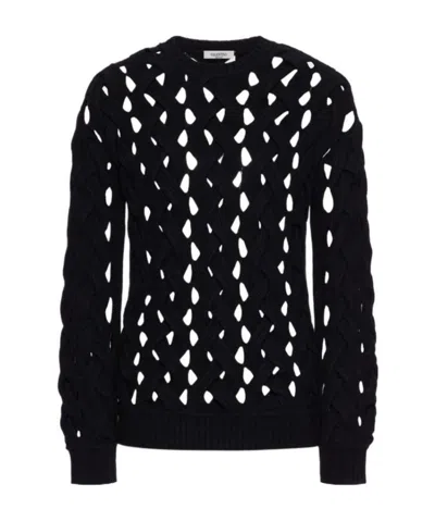 Valentino Woven Knitted Crew-neck Jumper In Black