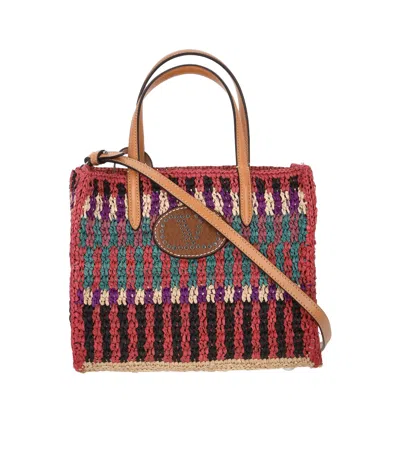 Valentino Garavani Vlogo Studded Leather-trimmed Raffia Tote In Multi