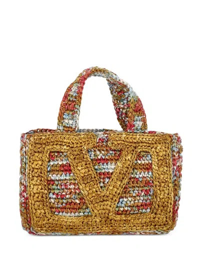 Valentino Garavani Multicolor Raffia Small Vlogo Signature Handbag In Brown
