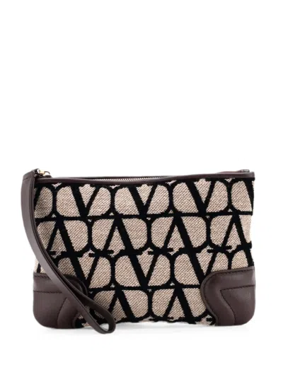 Pre-owned Valentino Garavani Wristlet Pouch Iconographe Canvas And Leather Clutch Bag In Brown