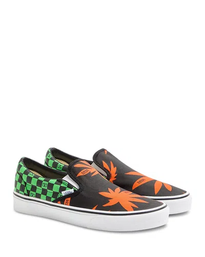 Valentino Garavani And Vans Slip-on Fabric Trainer With Vlogo Checkerboard Print And Tropical Leaves In Black