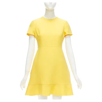 Pre-owned Valentino Yellow Wool Silk Short Sleeve Ruffle Hem Fit Flare Dress It42 M