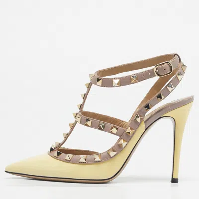 Pre-owned Valentino Garavani Yellow/beige Patent Leather Rockstud Caged Ankle Strap Pumps Size 36