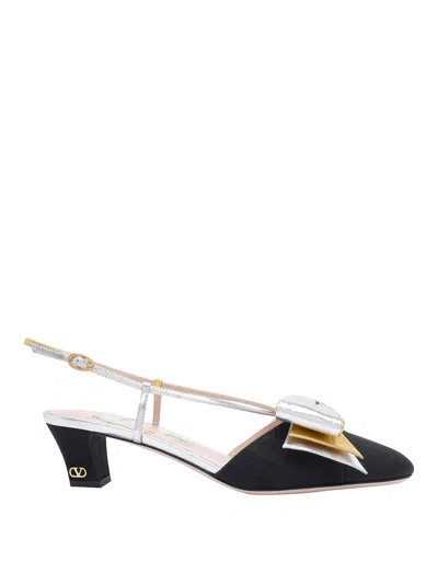 Valentino Garavani Slingback Decollete Bowow In Moire Tissue In Black