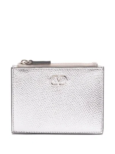 Valentino Garavani Zip Leather Wallet In Silver