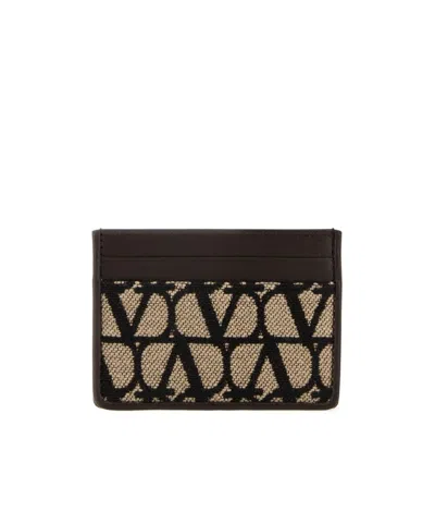 Valentino Garavani Iconographe Leather And Toile Card Holder In Black