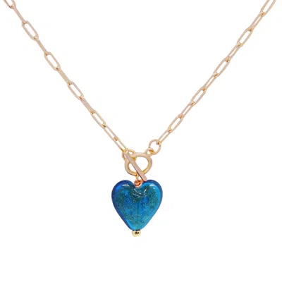 Valerie Chic Women's Blue / Gold Aquamarine Sparkle Heart Necklace In Multi