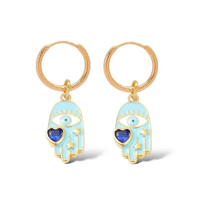 Valerie Chic Women's Blue / Gold Evil Eye Saphire Heart Hoop Earrings 18k Gold In Multi