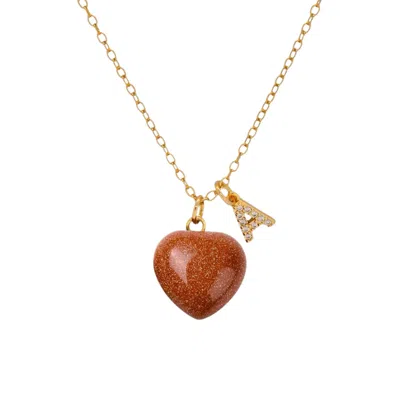 Valerie Chic Women's Brown / Gold Initial Letter Glittering Goldstone Heart Necklace In Multi