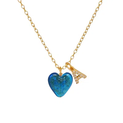 Valerie Chic Women's Gold / Blue Initial Letter Aquamarine Sparkle Heart Necklace