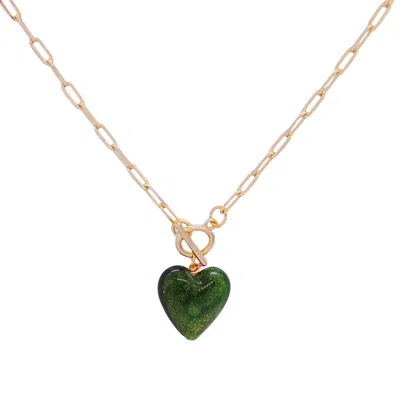 Valerie Chic Women's Gold / Green Emerald Sparkle Heart Necklace