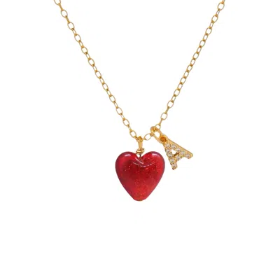 Valerie Chic Women's Gold / Red Initial Letter Ruby Sparkle Heart Necklace