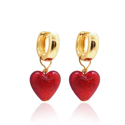 Valerie Chic Women's Gold / Red Ruby Sparkle Heart Hoop Earrings