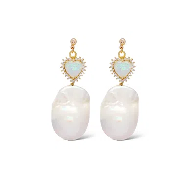 Valerie Chic Women's Gold / White Baroque Pearl Crystal Opal Heart Earrings In Multi