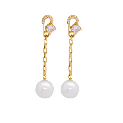Valerie Chic Women's Gold / White Crystal Pin Baroque Pearl Dangle Earrings