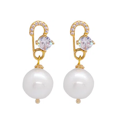 Valerie Chic Women's Gold / White Crystal Pin Baroque Pearl Earrings
