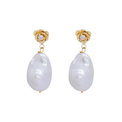 Valerie Chic Women's Gold / White Crystal Rose Baroque Pearl Earrings