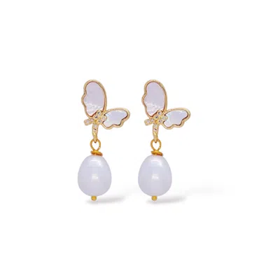 Valerie Chic Women's Gold / White Pearl Butterfly Earrings 18k Gold In Multi