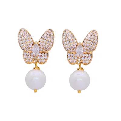 Valerie Chic Women's Gold / White Pearl Sparkle Butterfly Earrings 18k Gold In Multi