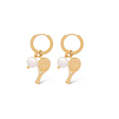 Valerie Chic Women's Gold / White Racket Tennis Ball Pearl Hoop Earrings 18k Gold In Multi